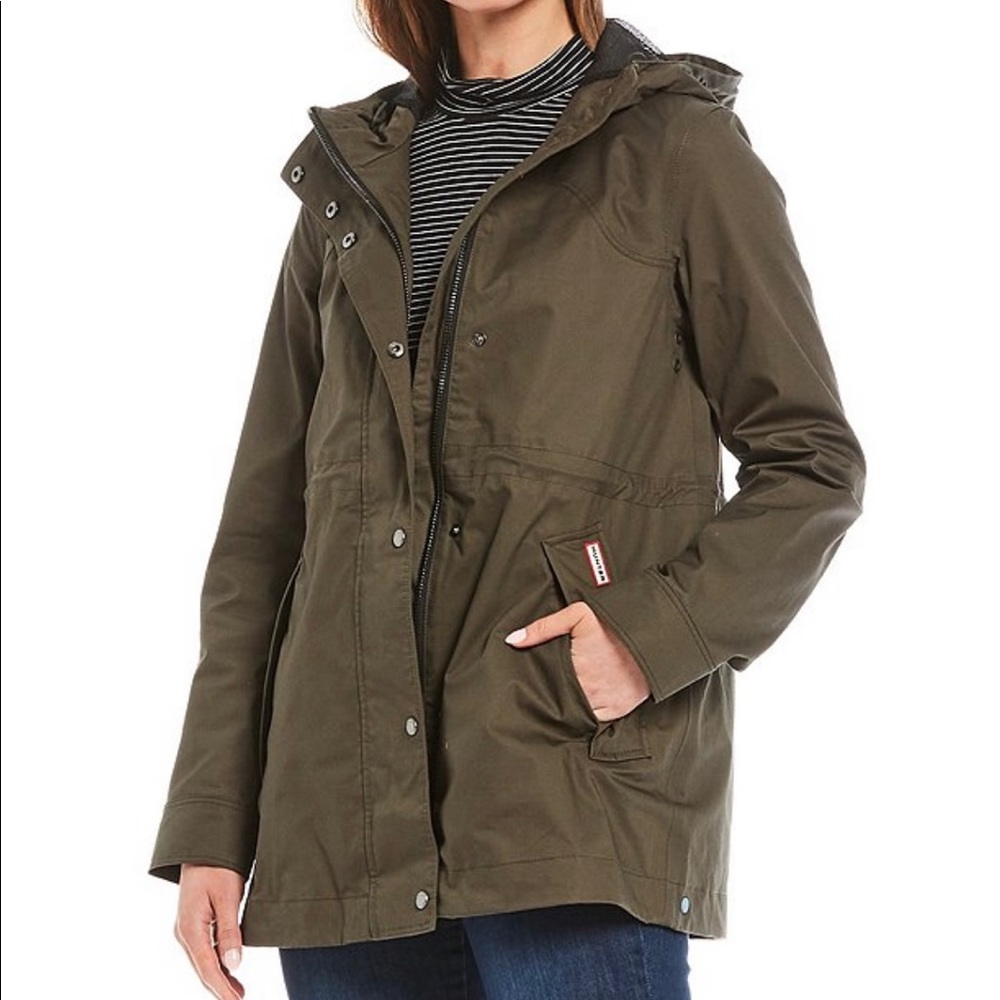 SZ:XS Hunter Cotton Smock Water Resistant Long Sleeve Hooded Rain Jacket - Olive